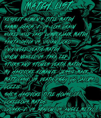 A green-tinted album or media cover design featuring the text 'MATCH LIST' on the left, 'PRESENTS' at the top right, and 'DRIP DEAD GOREGEONS' prominently across the center-right. Two figures are visible in a dark, moody scene, with heavy graphic typography and a distressed aesthetic.